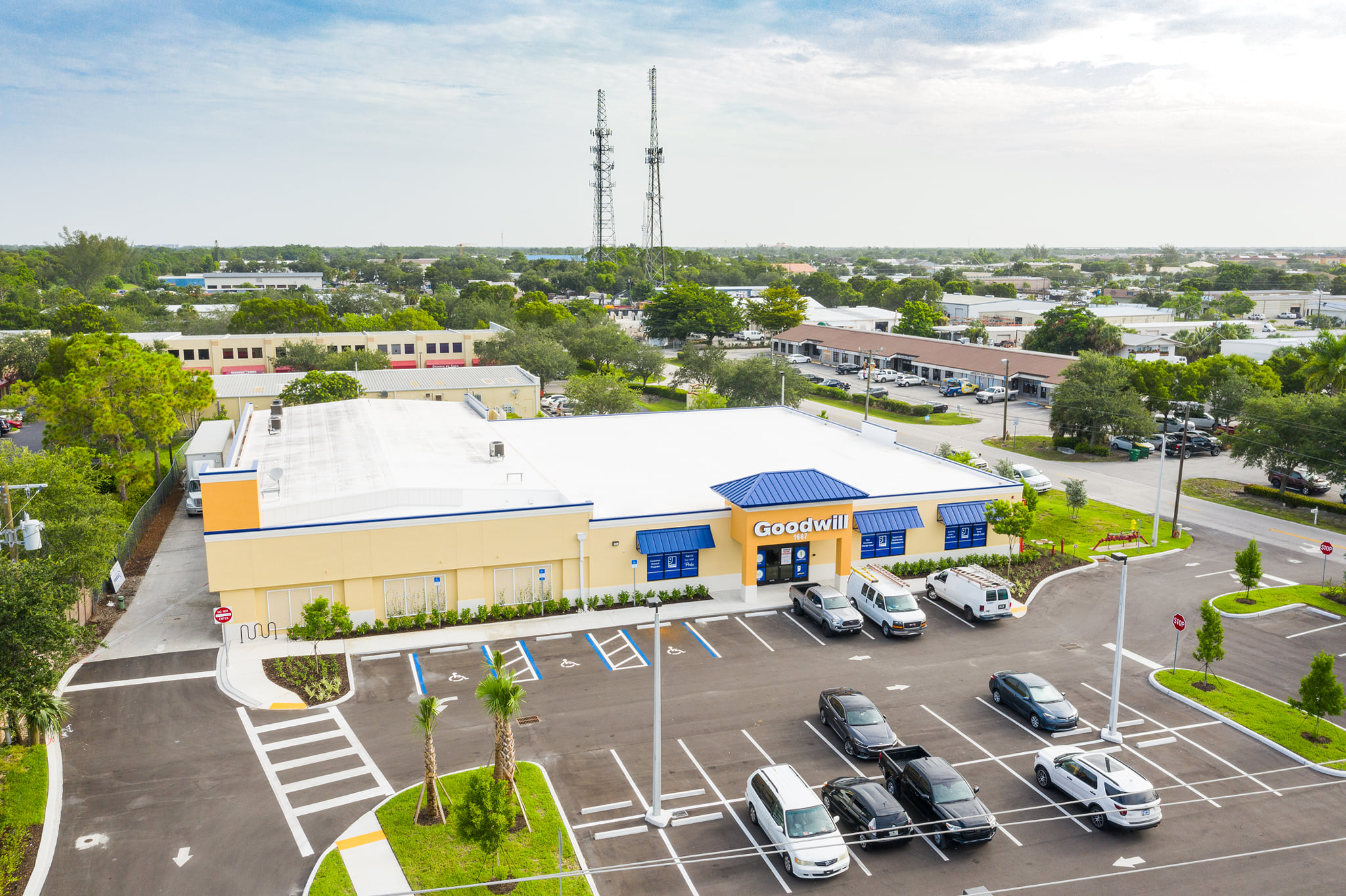 picture of entire Goodwill Building with drone